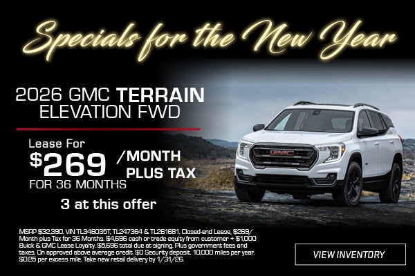 White and black 2026 GMC Terrain lease offer